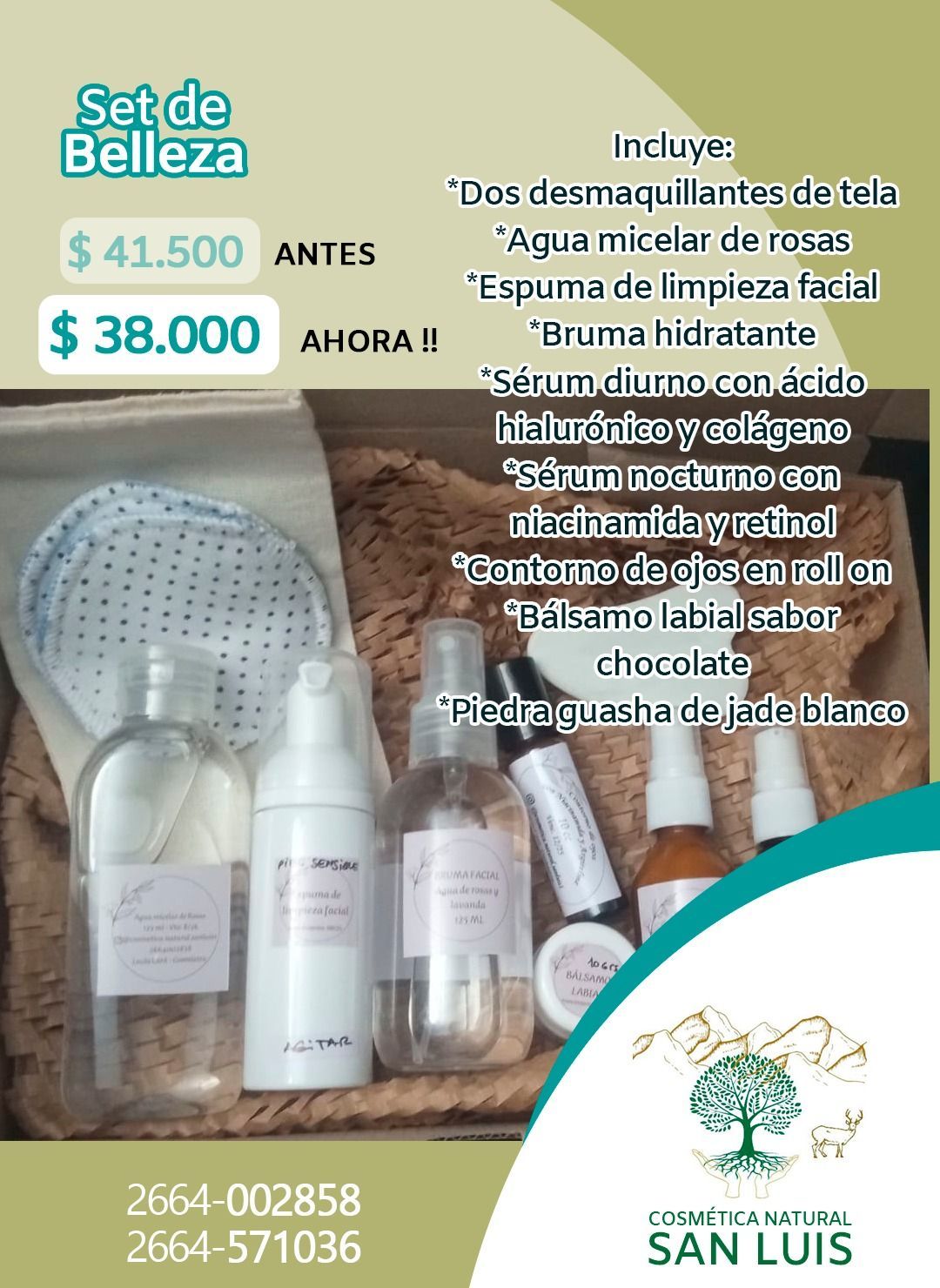 Promoción de spa con botellas de cuidado de la piel, cepillo facial y piedra de masaje, texto de precio beige y verde azulado, Set de Belleza 38,000