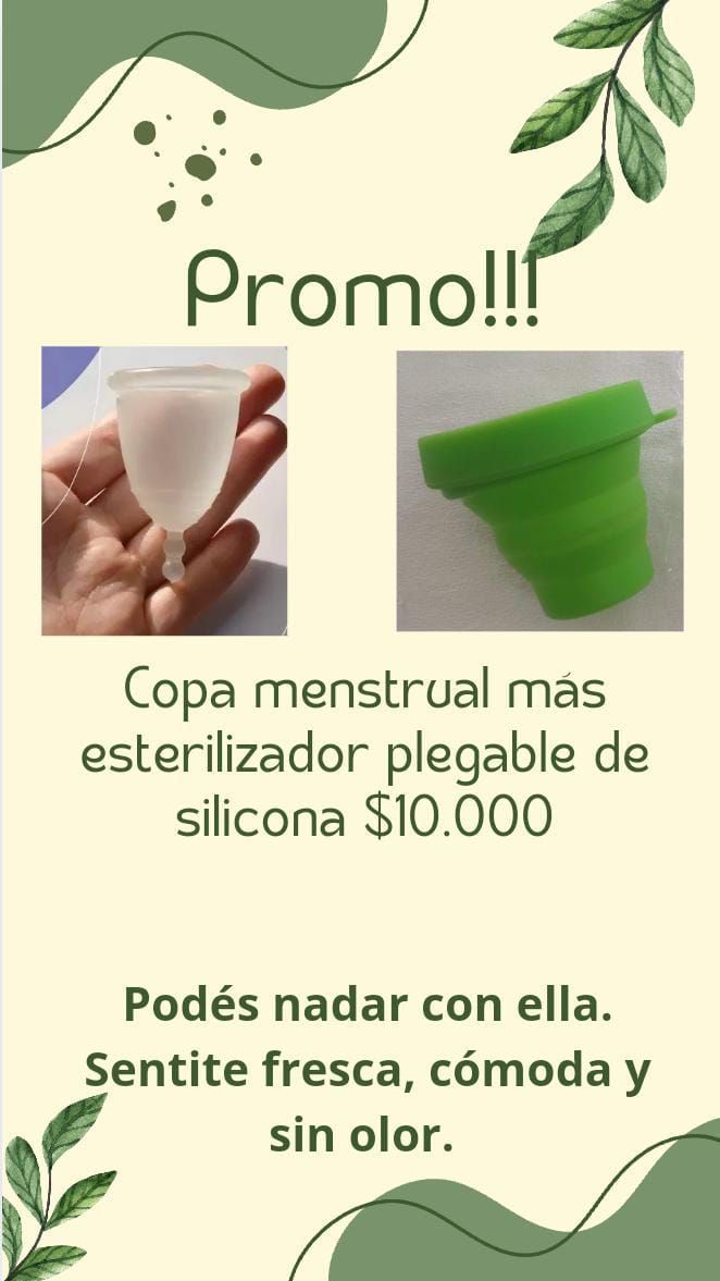 Promoción de copa menstrual verde de silicona, con fotos del producto y texto sobre comodidad y natación