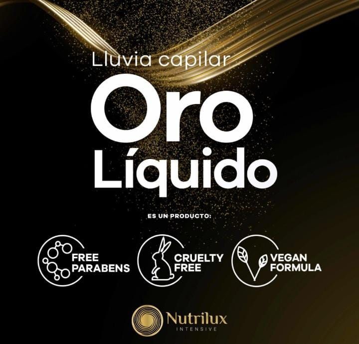 Anuncio negro del tratamiento capilar líquido Nutrilux Oro con detalles dorados e iconos que indican que no contiene parabenos, que no ha sido probado en animales y que su fórmula es vegana.
