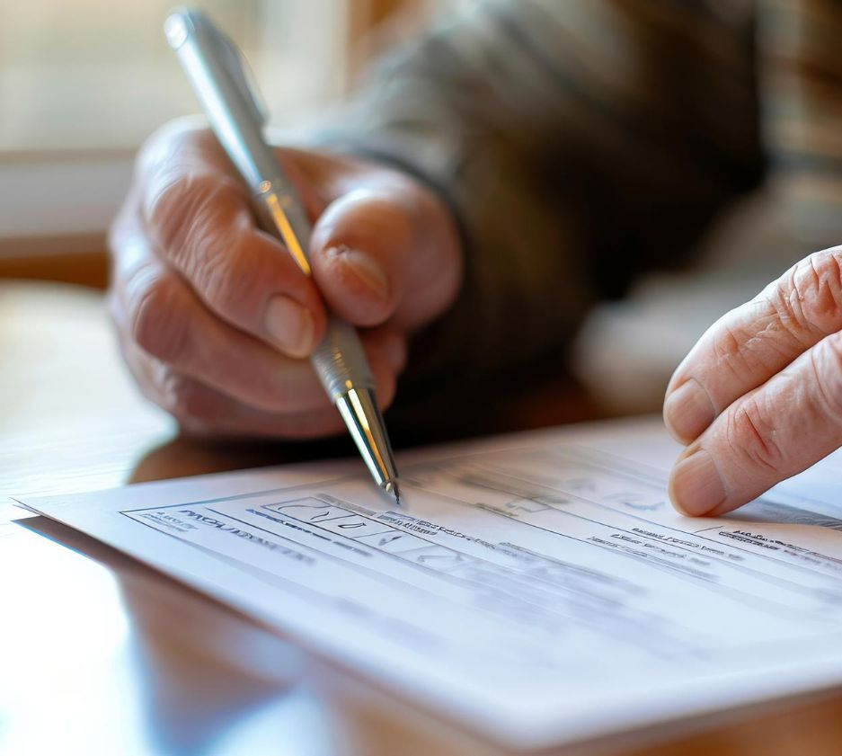 Hand writing on a check with a silver pen, close up.