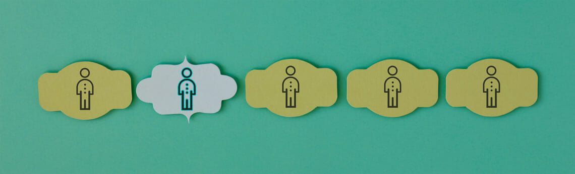 Five people icons in decorative frames, one is white, the rest yellow, all on a teal background.