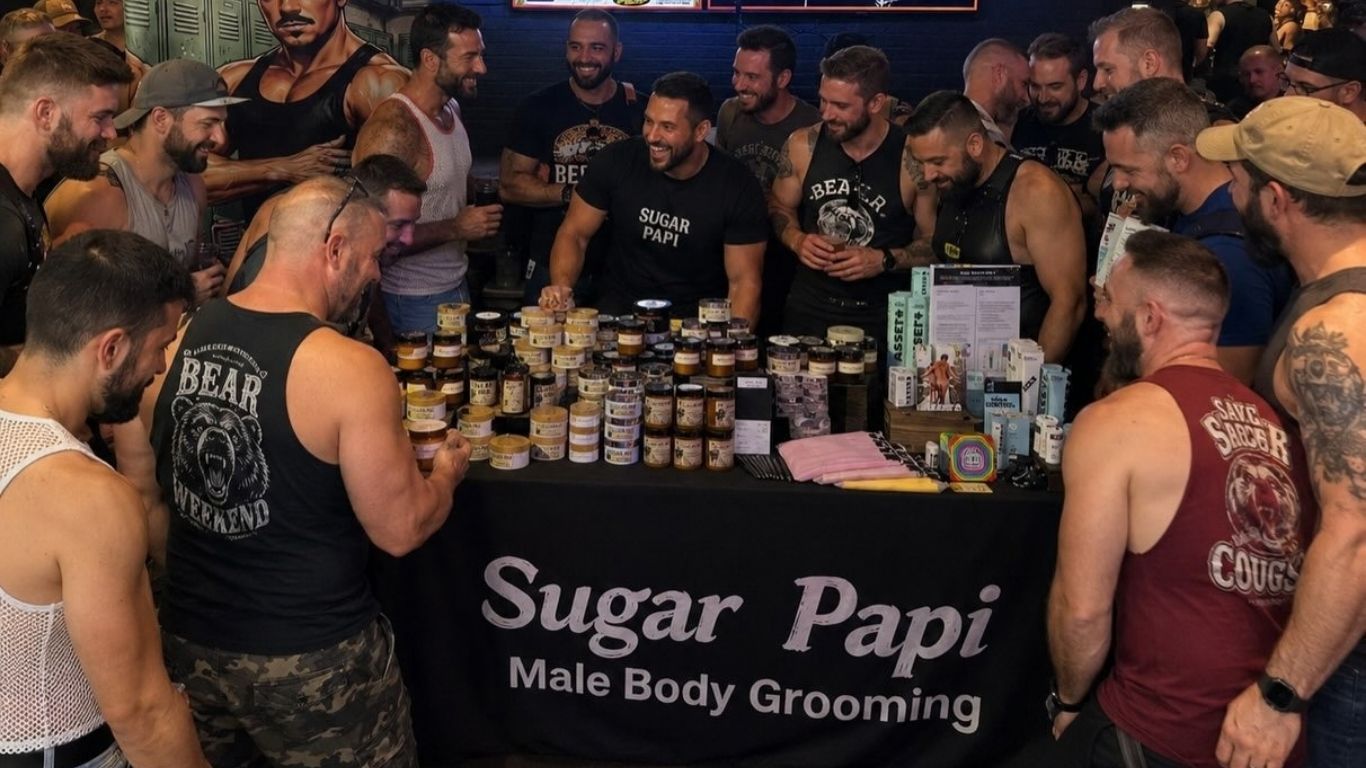 Crowd gathered around a table promoting Sugar Papi male body grooming products at an event