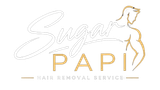 Sugar PAPI hair removal services logo with gold text and stylized woman outline on white background