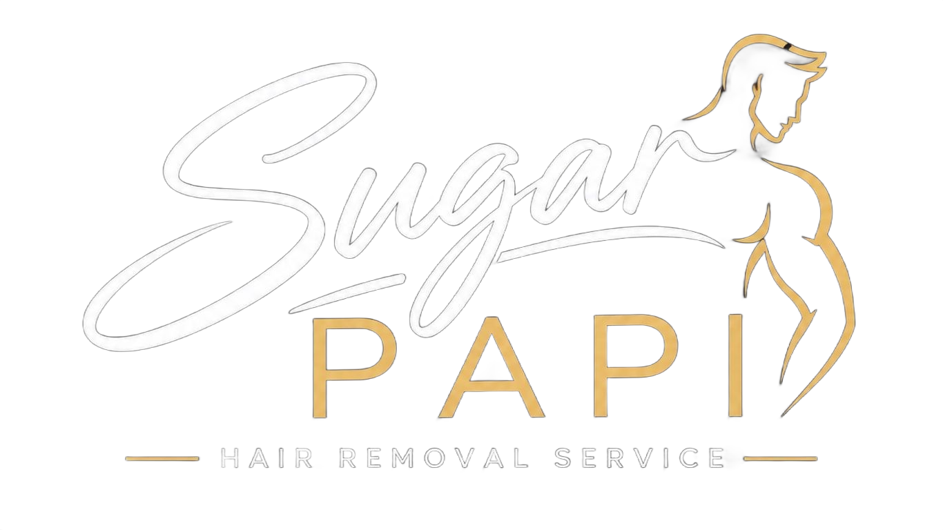 Sugar PAPI hair removal services logo with gold text and stylized woman outline on white background