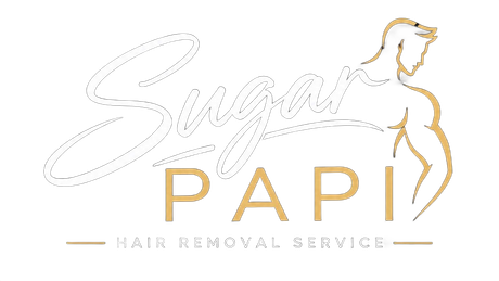 Sugar PAPI hair removal services logo with gold text and stylized woman outline on white background