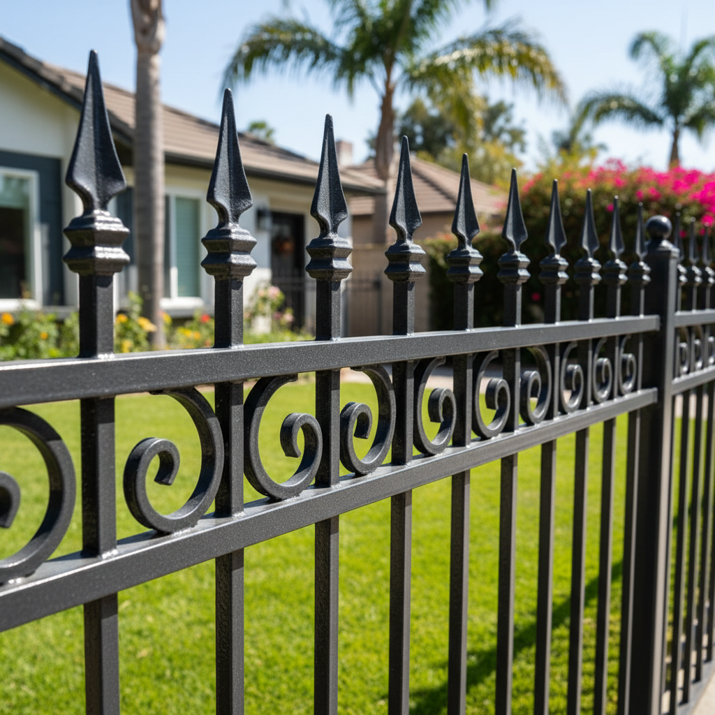 Black wrought iron fence with decorative swirls and pointed tops, bordering a green lawn in front of a house.