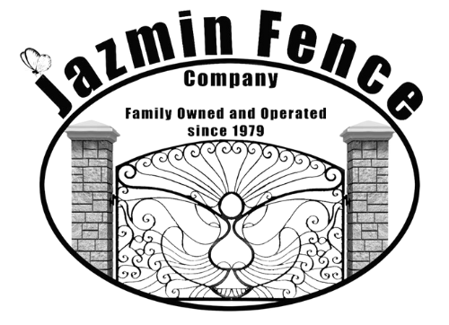 Jazmin Fence Company logo: Oval frame with decorative gate, brick pillars, text.