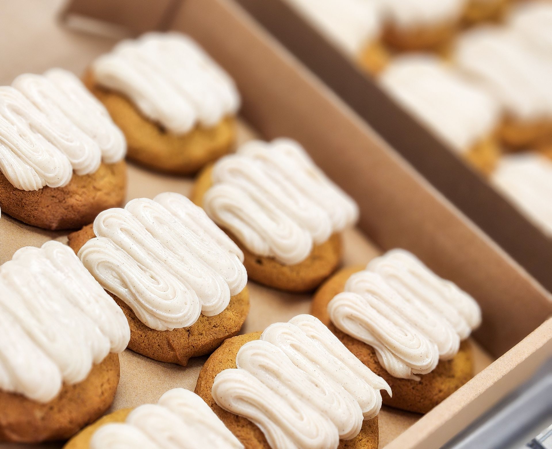 Tray of frosted cookies with piped white frosting.