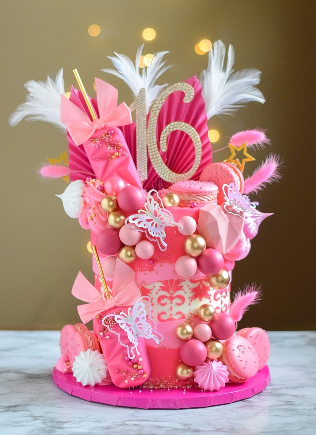 Pink and gold Sweet 16 cake with decorations including macarons, feathers, and butterflies.