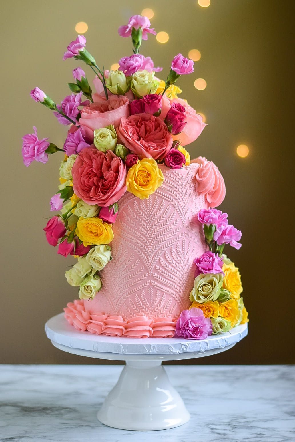 Pink two-tiered cake with white beaded frosting and colorful floral arrangement on a white cake stand.