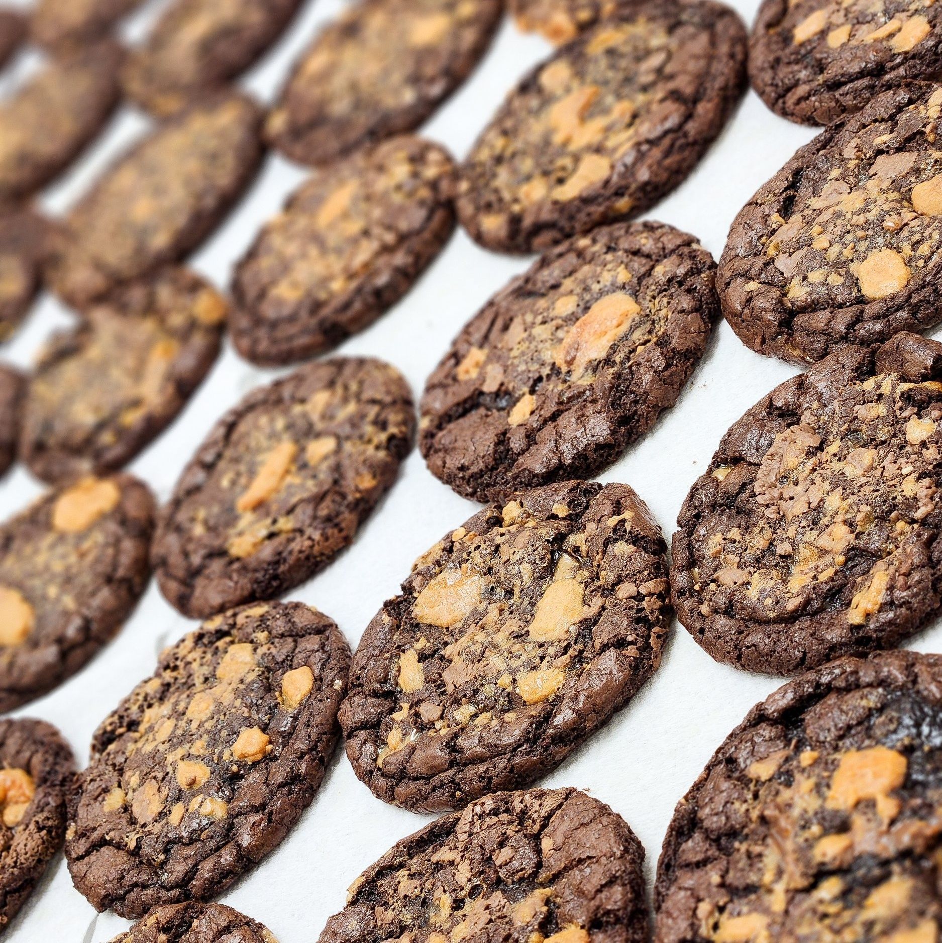 Rows of oval chocolate cookies topped with crunchy toffee pieces on a white surface.