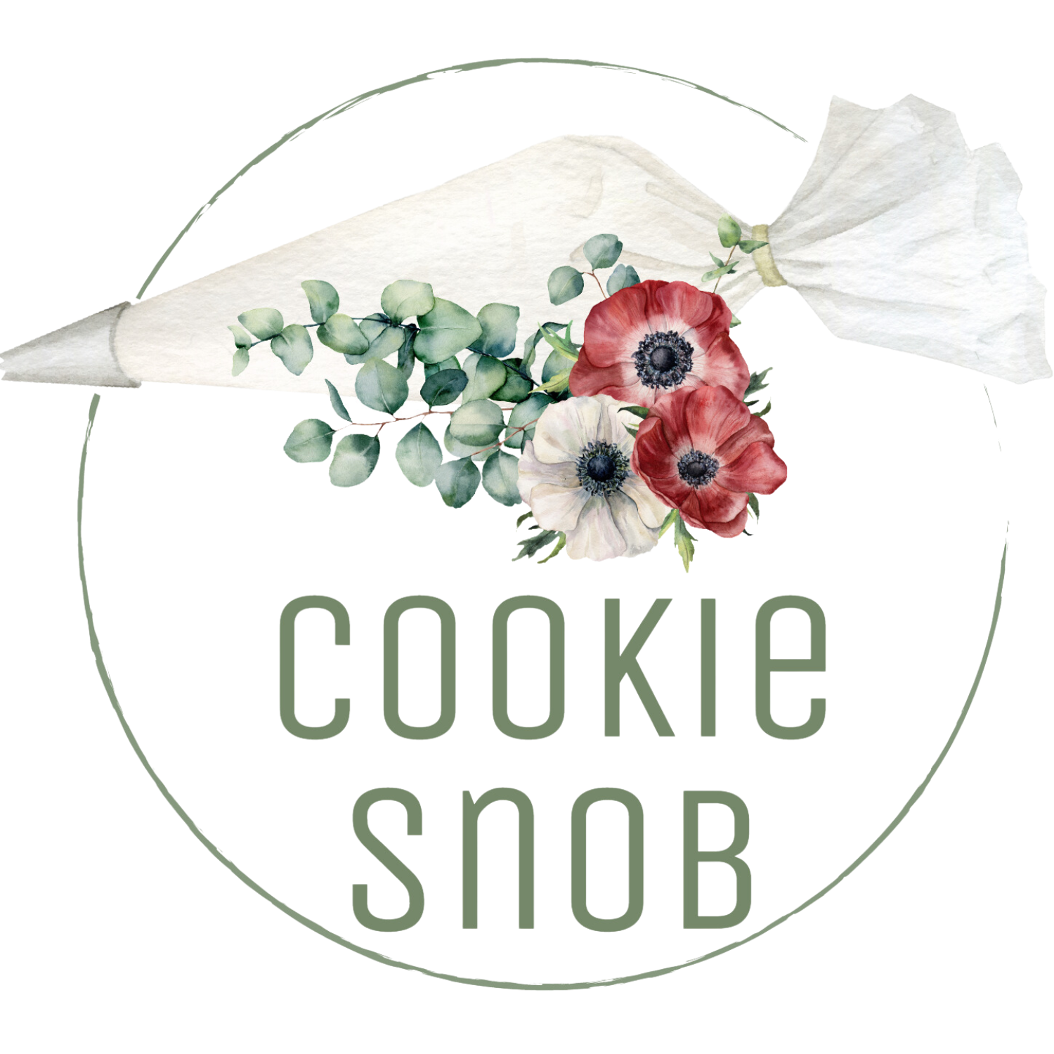 Logo: Pastry bag with eucalyptus and anemone flowers, 