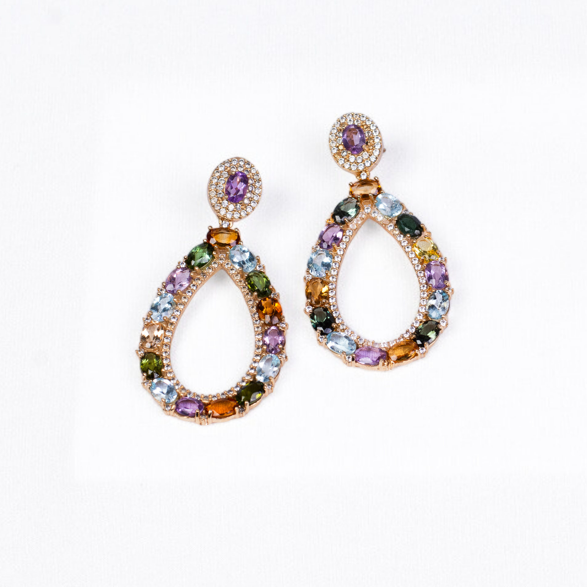 Large Multicolored Gemstone Gold Earrings