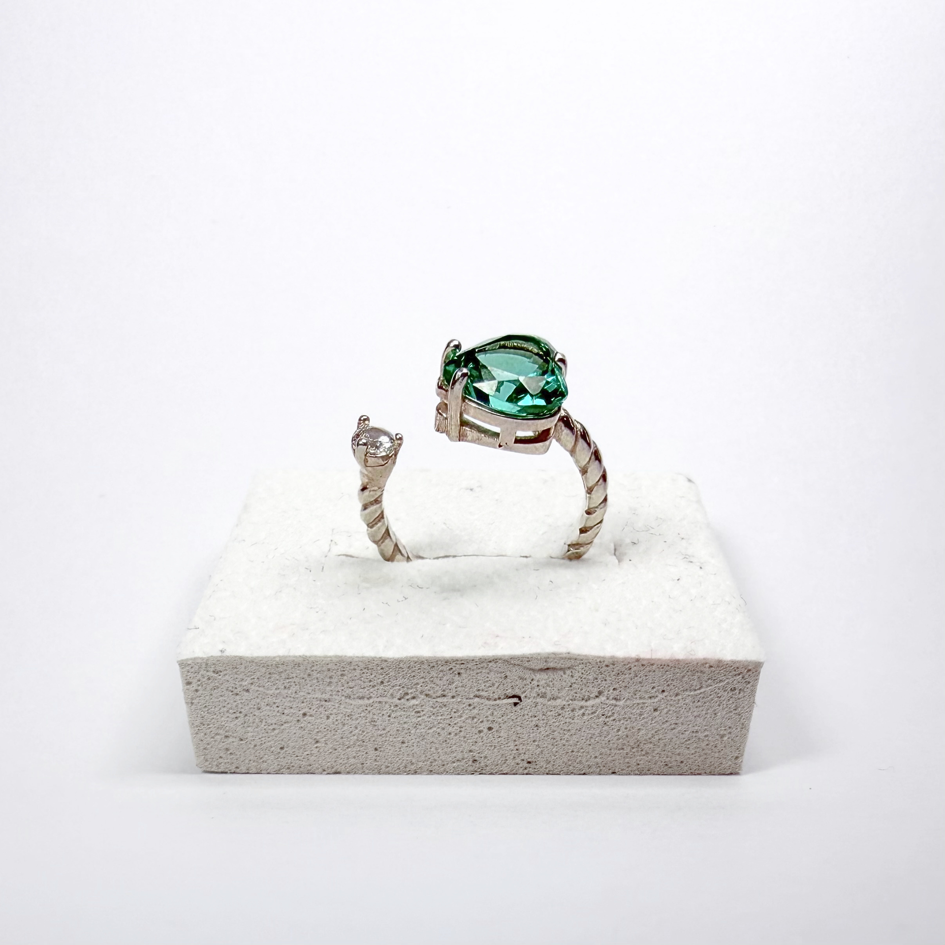 Adjustable Heart-Shaped Prasiolite and White Zirconia Ring