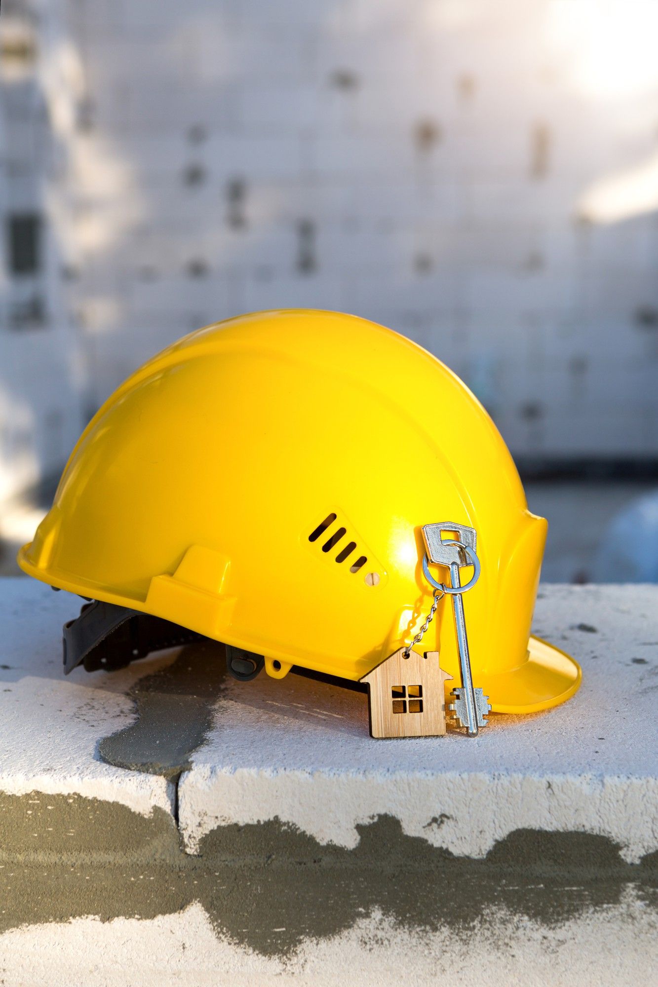 A yellow hard hat with two keys attached to it is sitting on a brick wall.