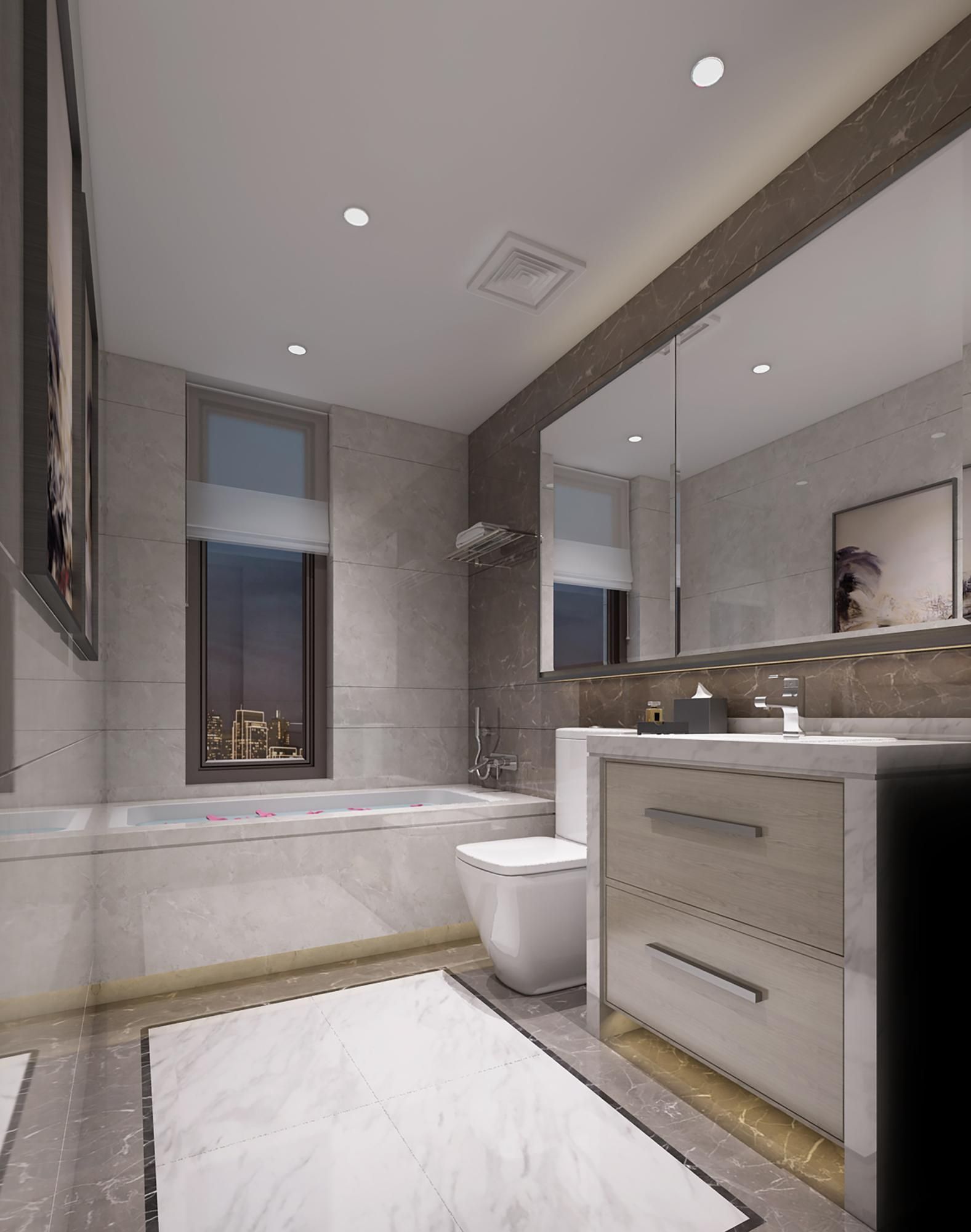 A bathroom with a tub , toilet , sink and mirror