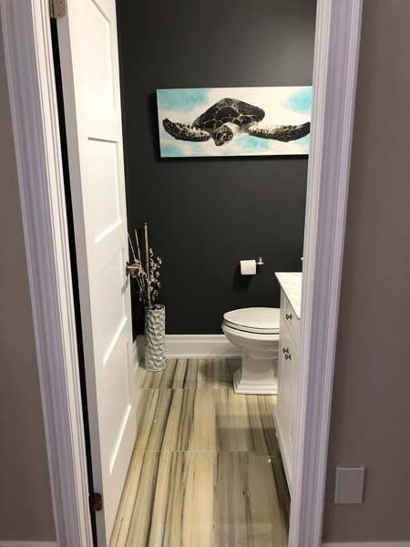 A bathroom with a toilet , sink and a painting of a turtle on the wall.