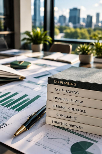 Stacked tax planning books beside financial charts and a pen on a sunlit office desk with city view