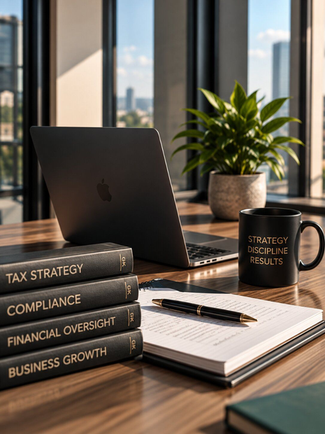 Laptop on desk with business books, notebook, coffee mug, and plant by a sunlit window.