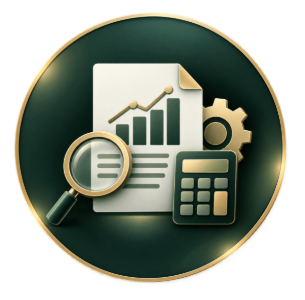 Magnifying glass over finance report with bar chart, calculator, and gear on dark green background