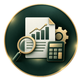 Magnifying glass over finance report with bar chart, calculator, and gear on dark green background