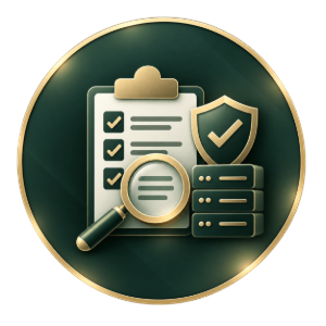 Gold checklist, magnifying glass, shield, and server stacks on a dark green circular icon