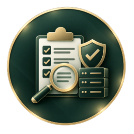 Gold checklist, magnifying glass, shield, and server stacks on a dark green circular icon