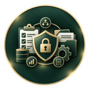 Gold security shield with padlock, checklist, gear, and data icons on a dark green circular background
