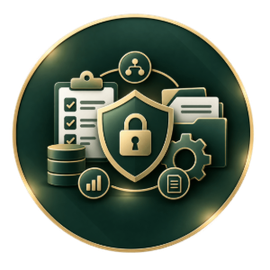 Gold security shield with padlock, checklist, gear, and data icons on a dark green circular background