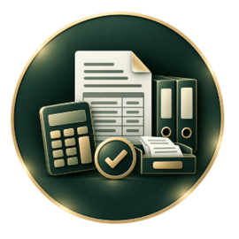 Accounting documents, calculator, and folders in a green circular icon with a checkmark