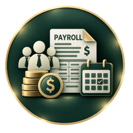 Payroll and finance icons with coins, document, and calendar on a green circular background