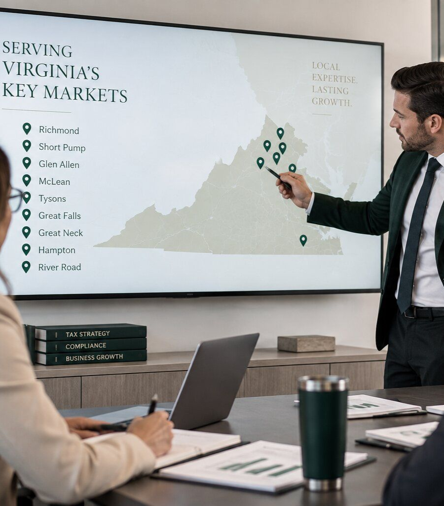 Business meeting with man presenting a map on a wall screen while colleagues sit at a conference table