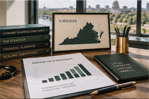 Desk with Virginia map art, finance books, and a growth chart in a professional office setting