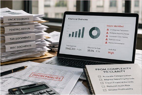 Financial planning desk with laptop charts, tax documents, calculator, and checklist forms