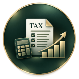 Tax document with calculator and rising bar chart on a green circular icon