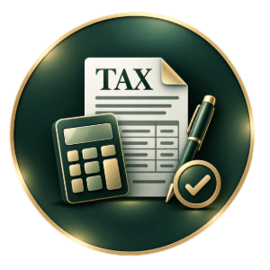 Tax document icon with calculator and pen on a dark green circular background