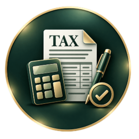 Tax document icon with calculator and pen on a dark green circular background