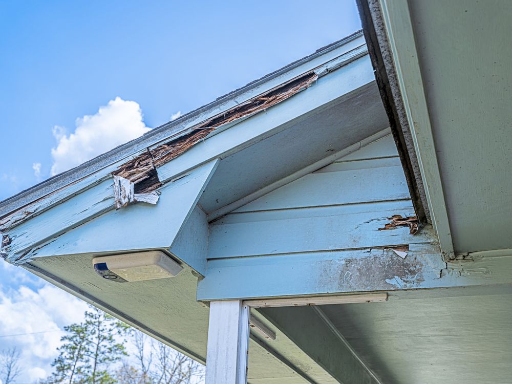 A blue house with a roof that has been damaged by termites.