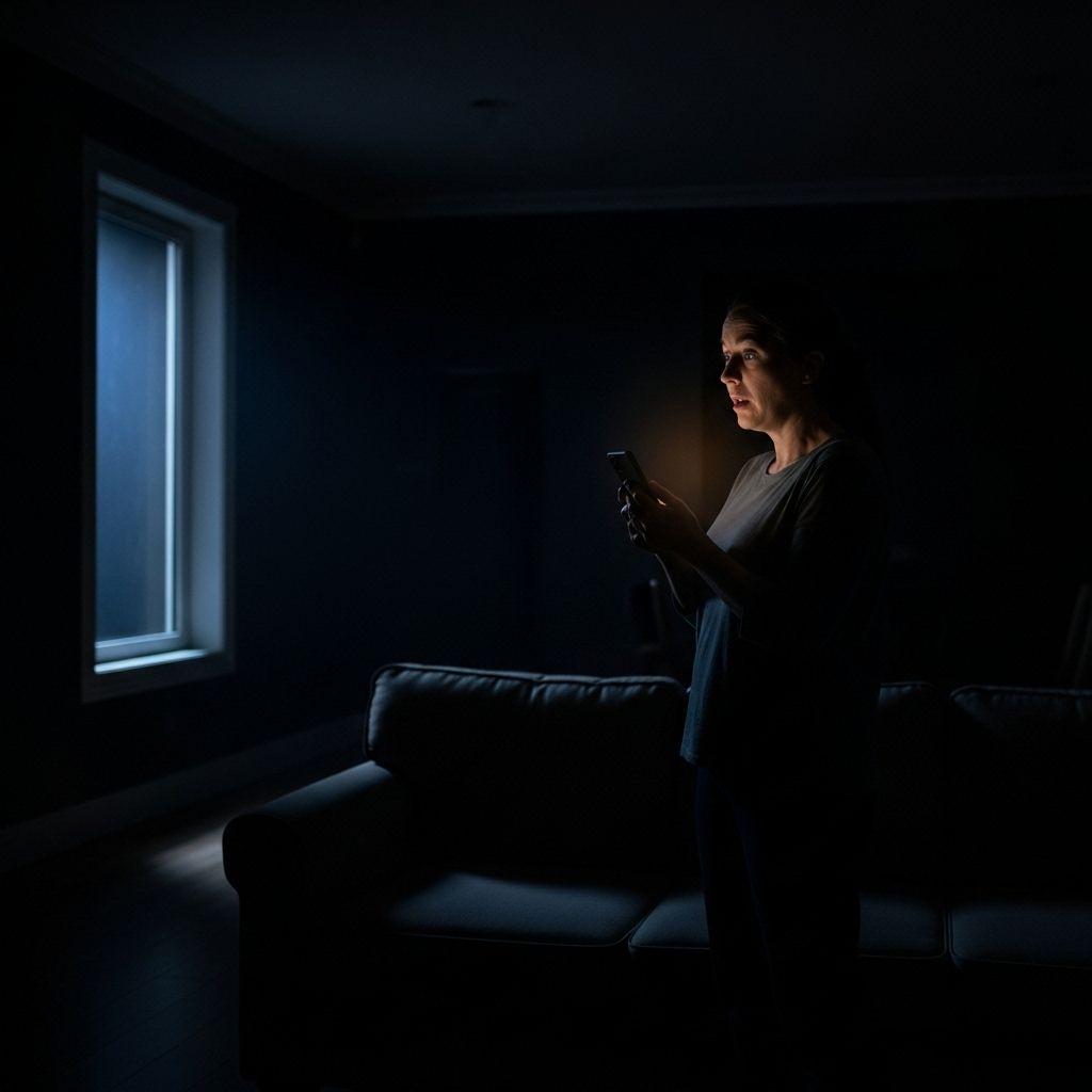 Person standing in a dark room, looking at a phone beside a glowing window.