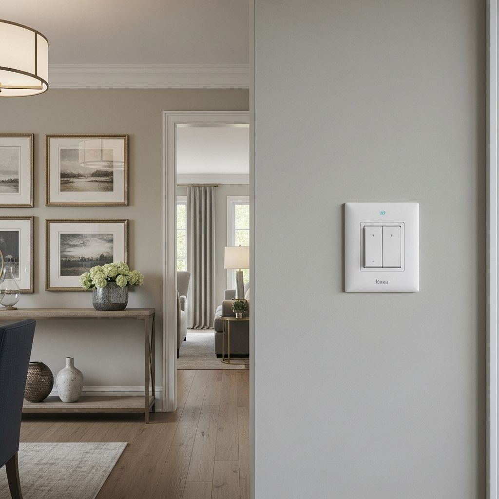 Living room doorway with framed art, console table, and a white light switch on a gray wall