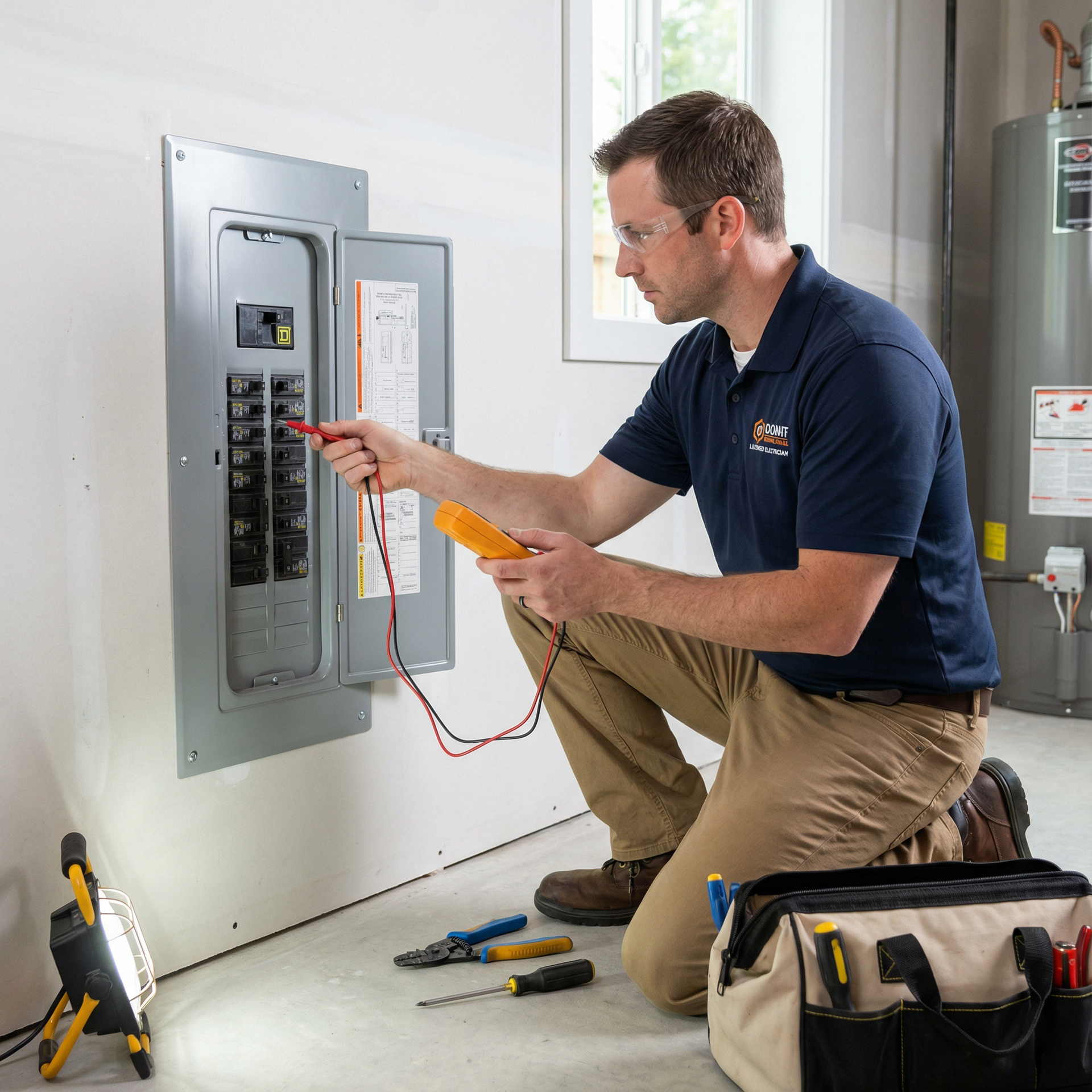 Electrician testing a breaker panel with a multimeter in a bright utility room