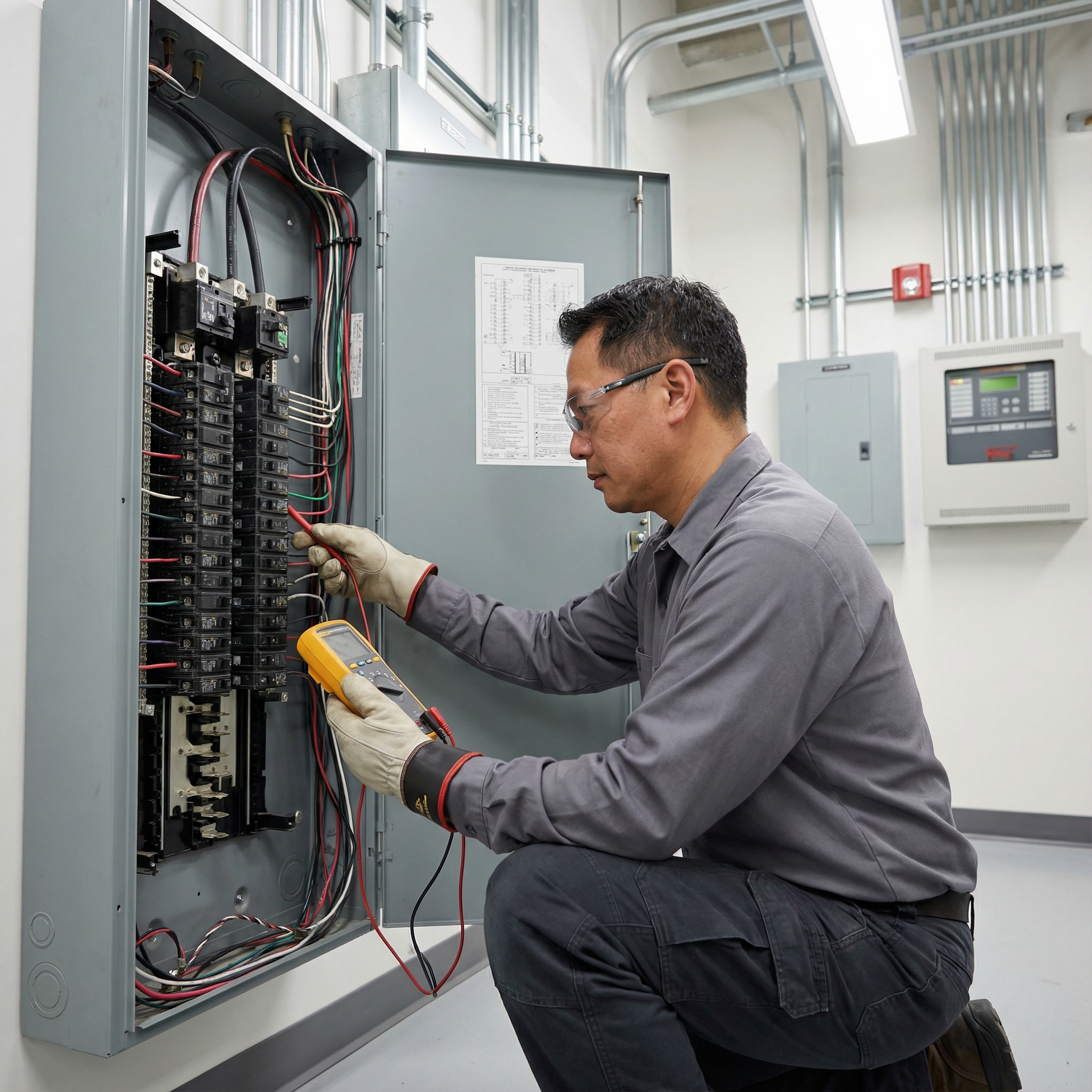 Technician kneeling beside an open electrical cabinet, inspecting wiring with a multimeter in a utility room.