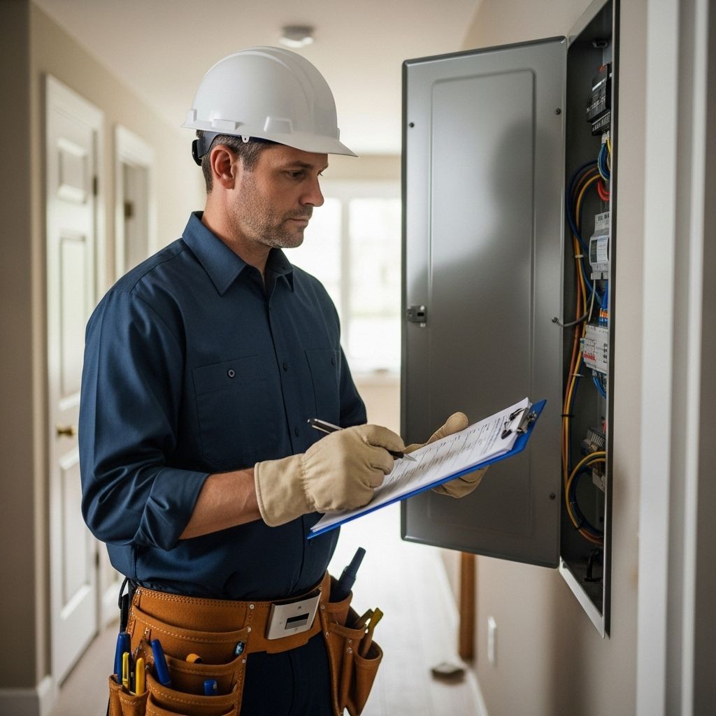 Electrician in hard hat inspecting an open electrical panel with a clipboard in a hallway