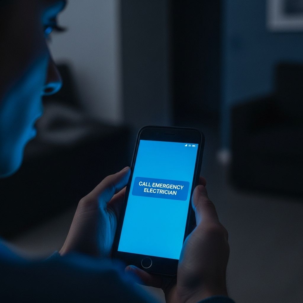 Person holding a smartphone with a blue “Call emergency services” screen in a dim room