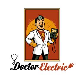 Doctor Electric logo with smiling electrician in white coat holding a meter
