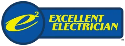 Excellent Electrician logo with yellow text and blue circular emblem on a blue background