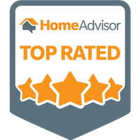 HomeAdvisor Top Rated badge with orange five-star rating on a gray shield-shaped emblem