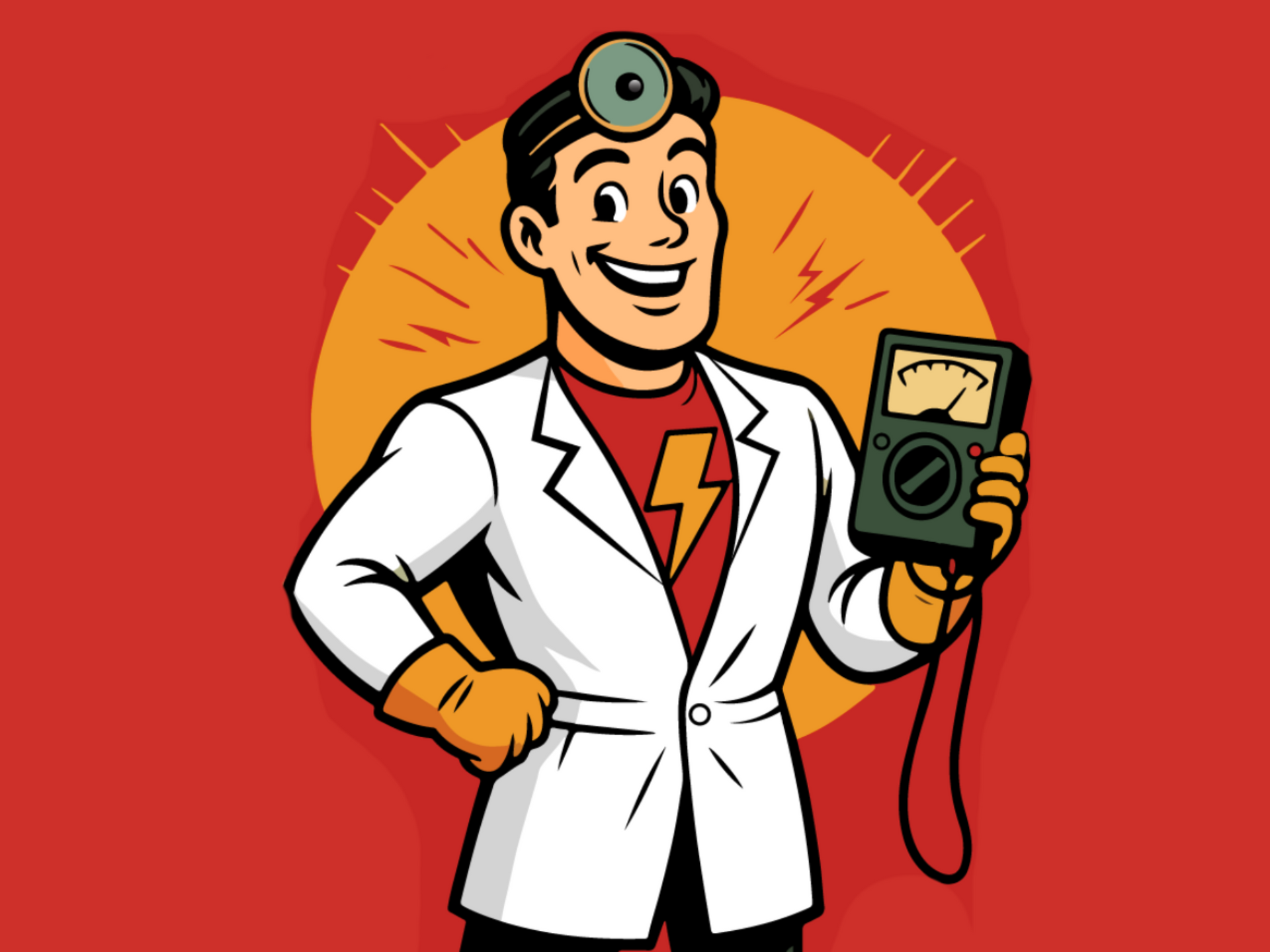 Smiling scientist in a white lab coat holding a radiation meter against a red background