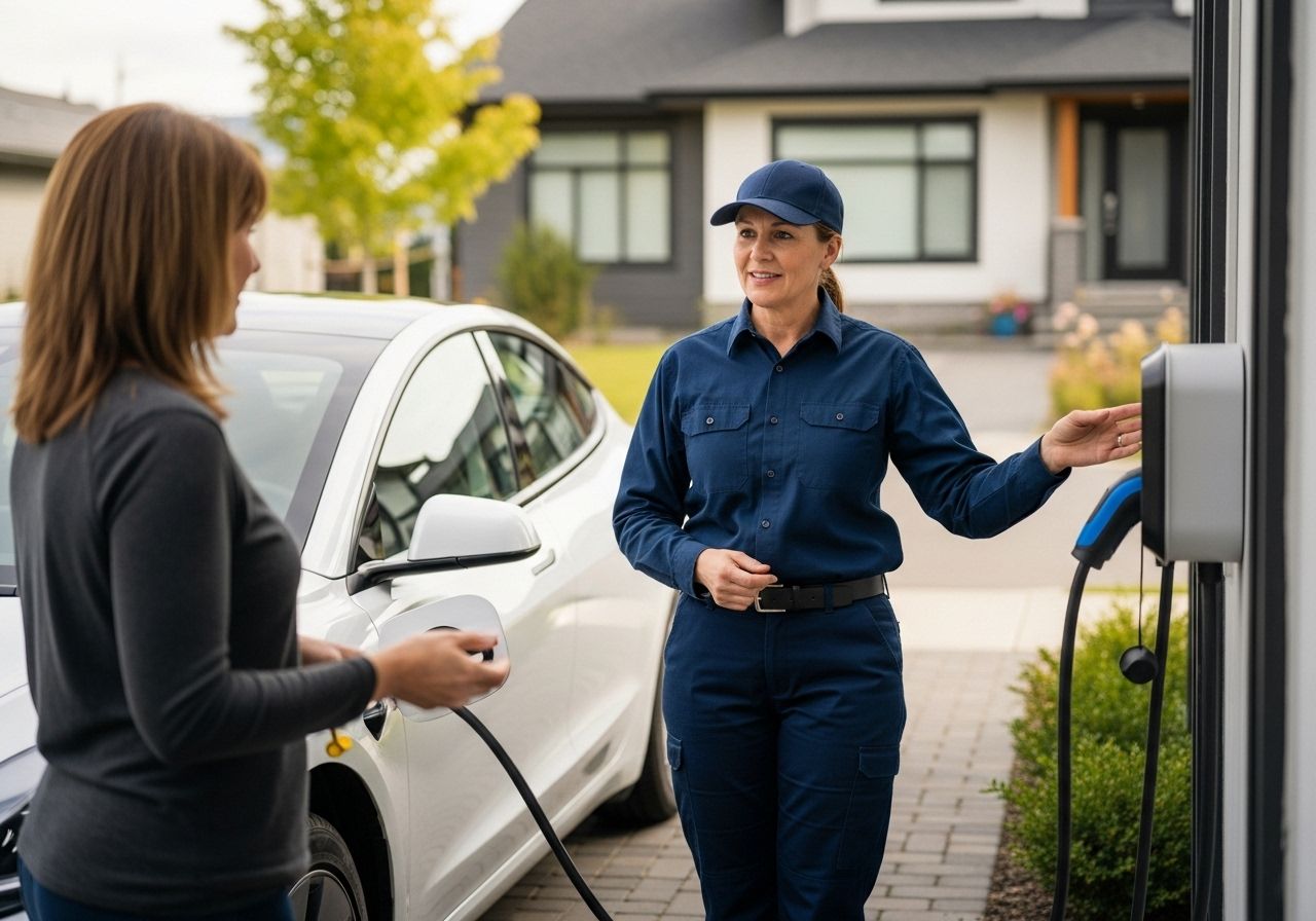 Person charging an electric car while another stands nearby at a home driveway