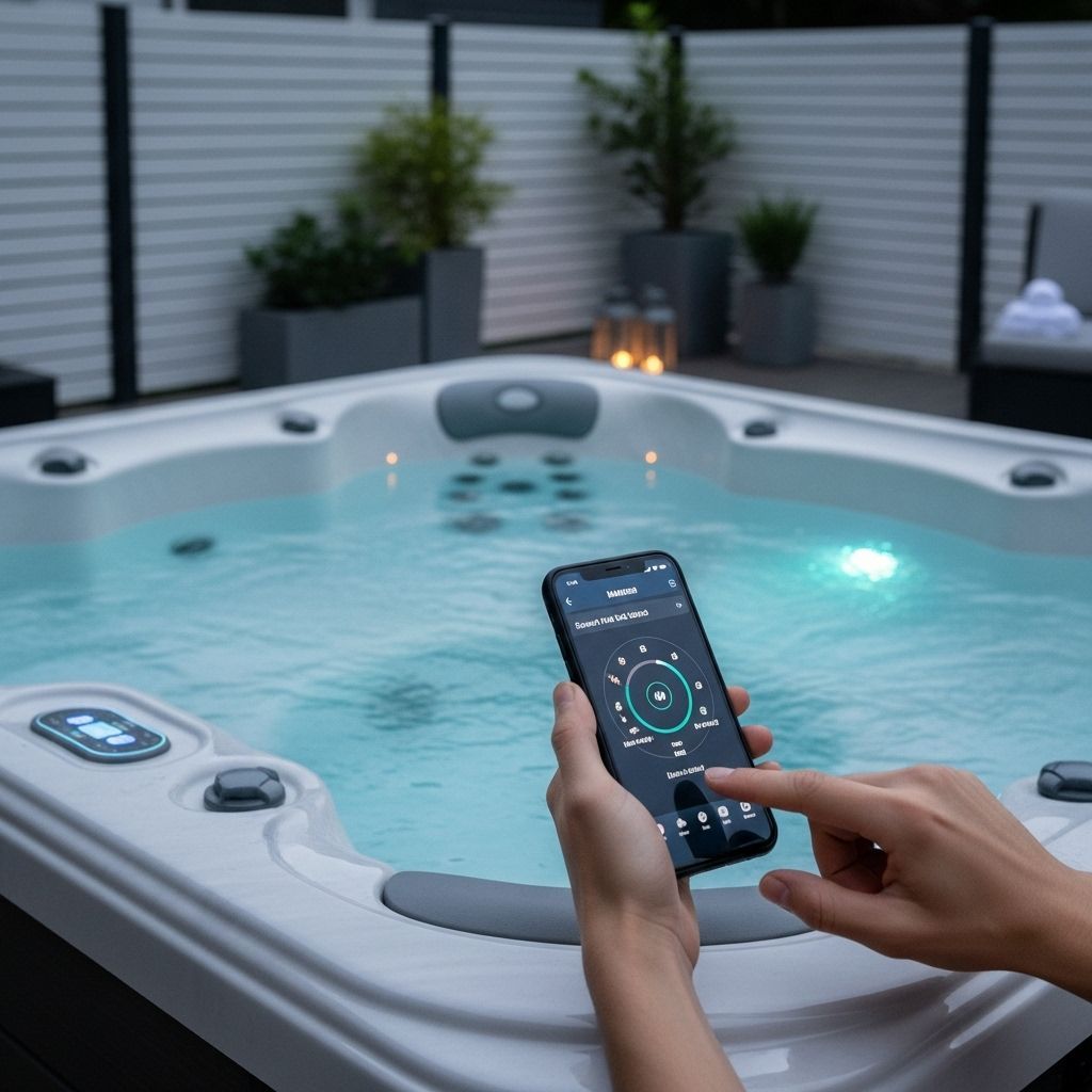 Hands using a smartphone to control a lit hot tub in an outdoor patio setting.